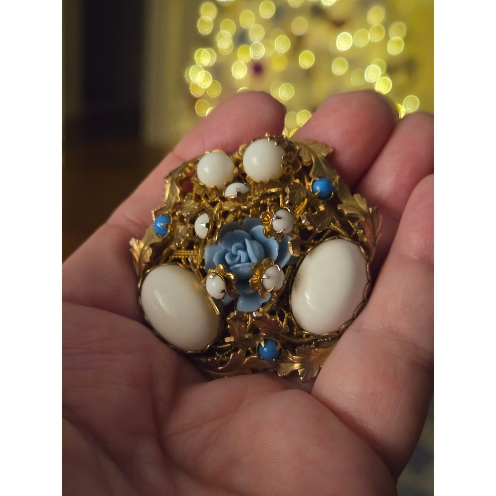 Milk Glass Celluloid Brooch Light Blue Flower Vintage Gold Pin
